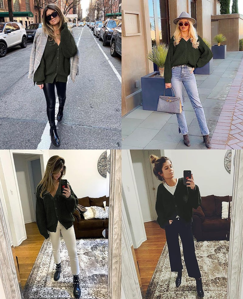 QUALFORT Women's 100% Cotton Cardigans Sweaters for Women Button up Lantern Sleeve Fall Cardigan for Women 2026 Green XXX-Large - Image 4